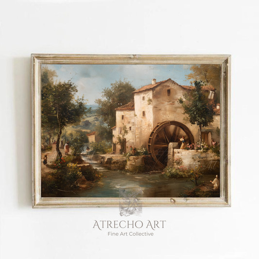 Old mill art print in aged silver frame on white wall — Tuscan countryside landscape with water wheel, stone buildings, and flowering riverbank
