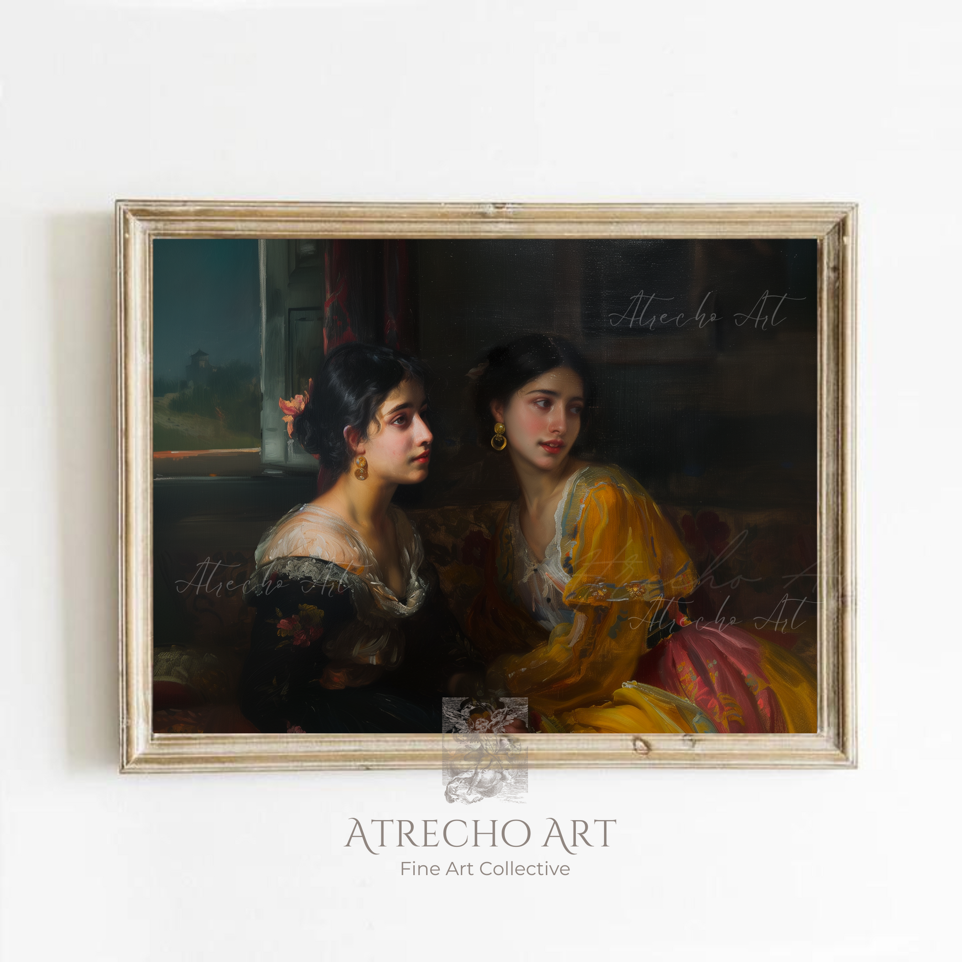 The Dancers Spanish classical portrait print showing two elegant women in 19th century period dress perfect for dark academia wall decor