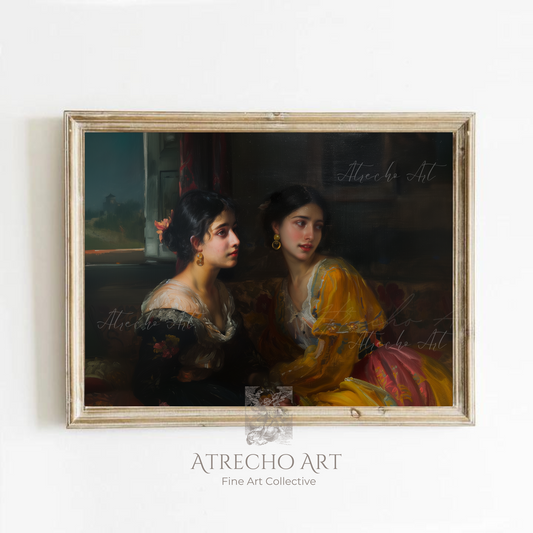 The Dancers Spanish classical portrait print showing two elegant women in 19th century period dress perfect for dark academia wall decor