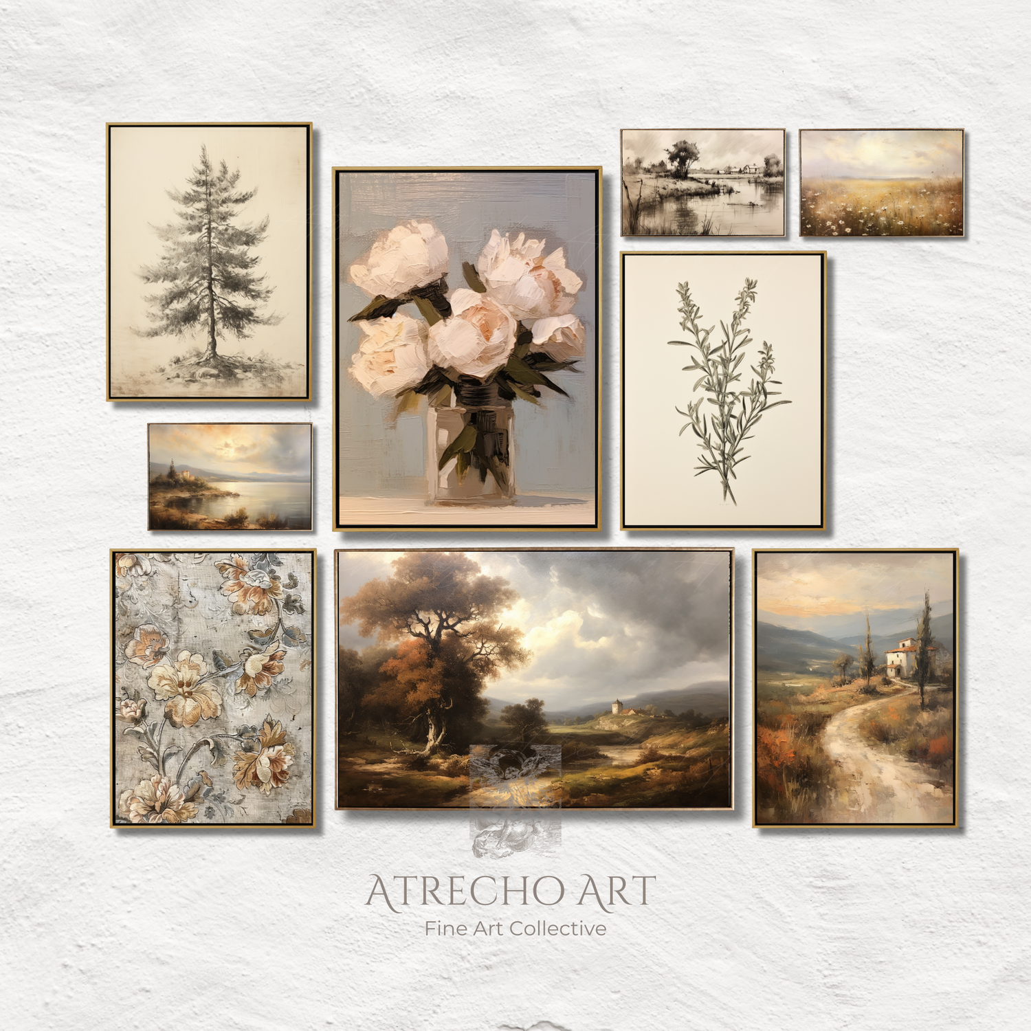 Set of nine art prints in warm neutrals — light naturals gallery wall set with botanicals and landscapes, P906 Atrecho Art