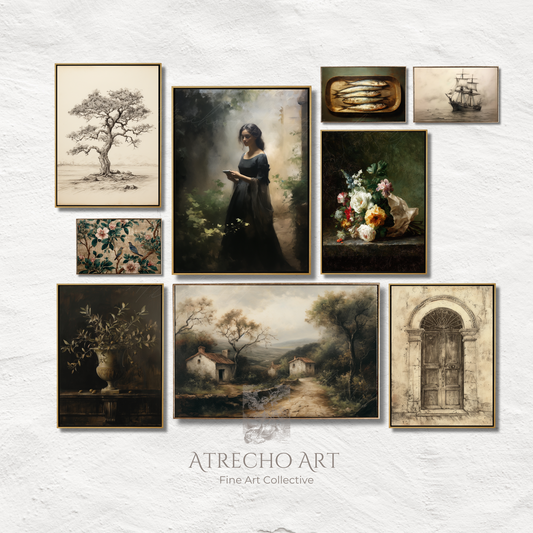 Nine piece Old World Spanish gallery wall collection featuring vintage botanical prints, maritime scenes, and architectural artwork in warm sepia and sage tones