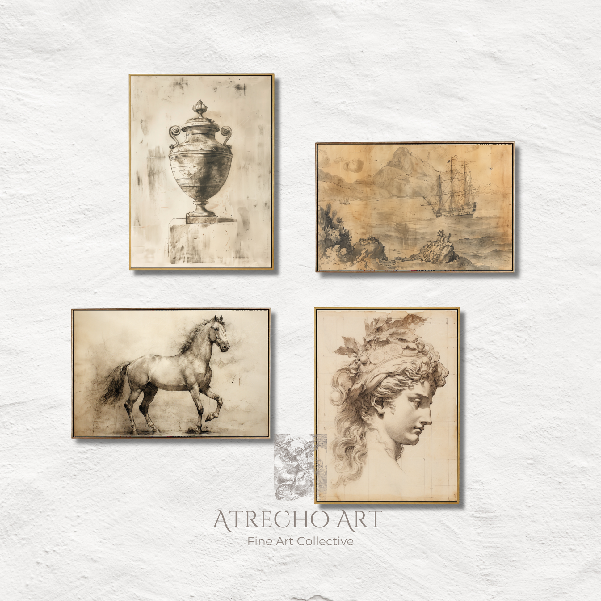 Set of four neutral sketch prints in sepia and graphite — classical urn, horse study, nautical seascape, and Roman bust — archival art prints P423
