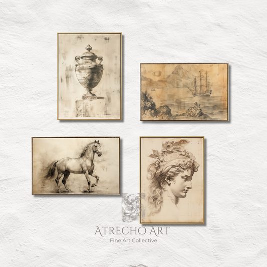 Set of four neutral sketch prints in sepia and graphite — classical urn, horse study, nautical seascape, and Roman bust — archival art prints P423
