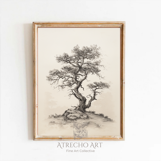 Vintage botanical tree print featuring detailed Algarrobo tree illustration with gnarled branches and delicate foliage, perfect for Mediterranean home decor