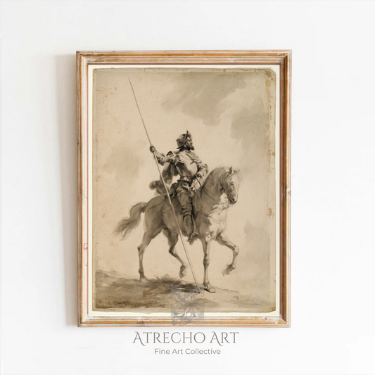 Don Quixote sepia art print in a wood frame on a neutral wall, lone armored knight riding Rocinante by Atrecho Art