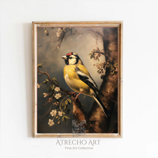 Vintage-style goldfinch perched on dark botanical branches against moody background, printed on museum-quality paper in light academia cottage core style
