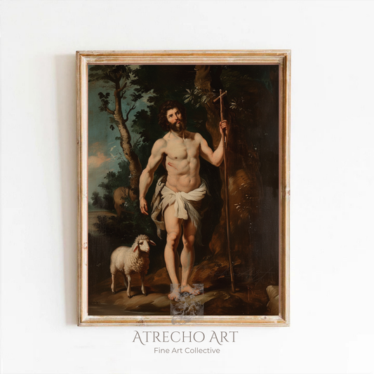 Saint John the Baptist art print in aged gold frame — Spanish Baroque Catholic wall art RE09 by Atrecho Art