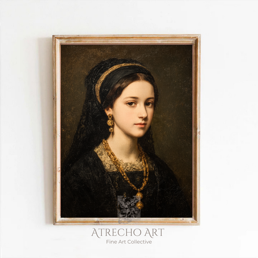Classical lady with black headband and gold ornaments wearing dark Renaissance-style clothing, displayed in ornate gold frame against cream linen background—Old World portrait art print by Atrecho Art