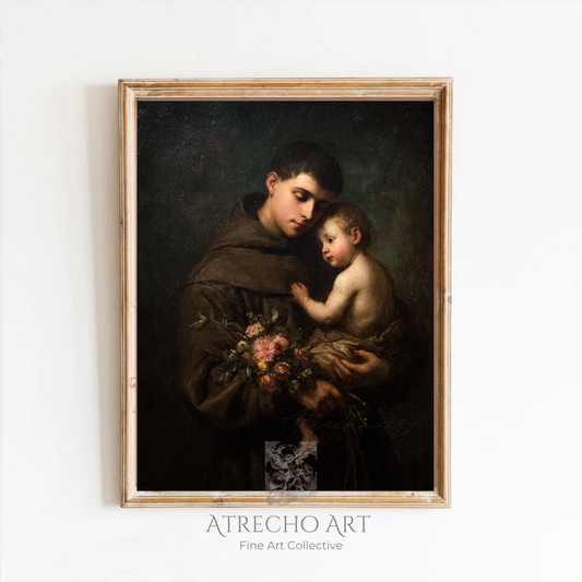 Saint Anthony of Padua religious art print in antique gold frame — Spanish Baroque devotional portrait, Old Master style, dark academia wall decor