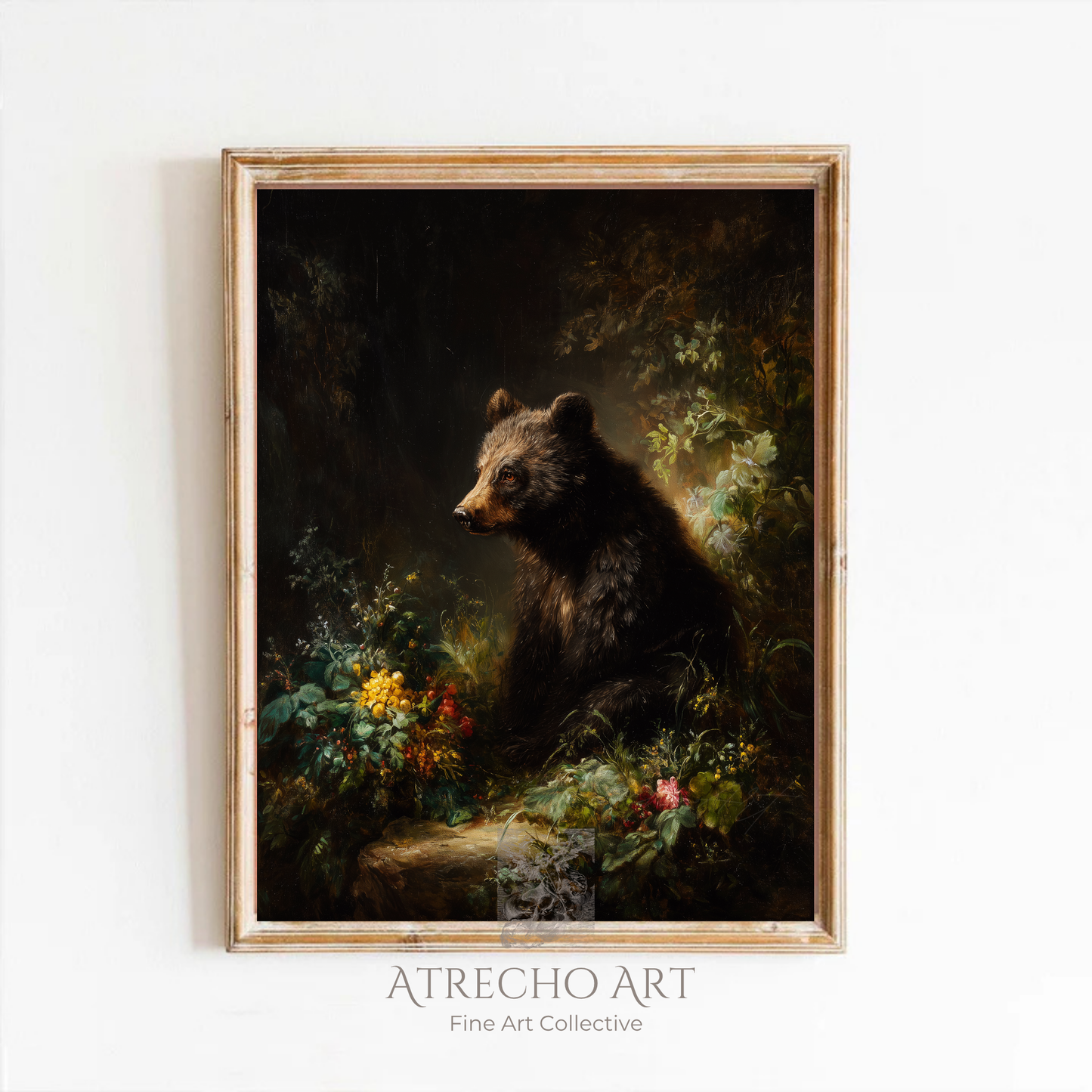 Brown bear art print in a wood frame on a neutral wall, Old Master woodland scene with jeweled flowers, by Atrecho Art