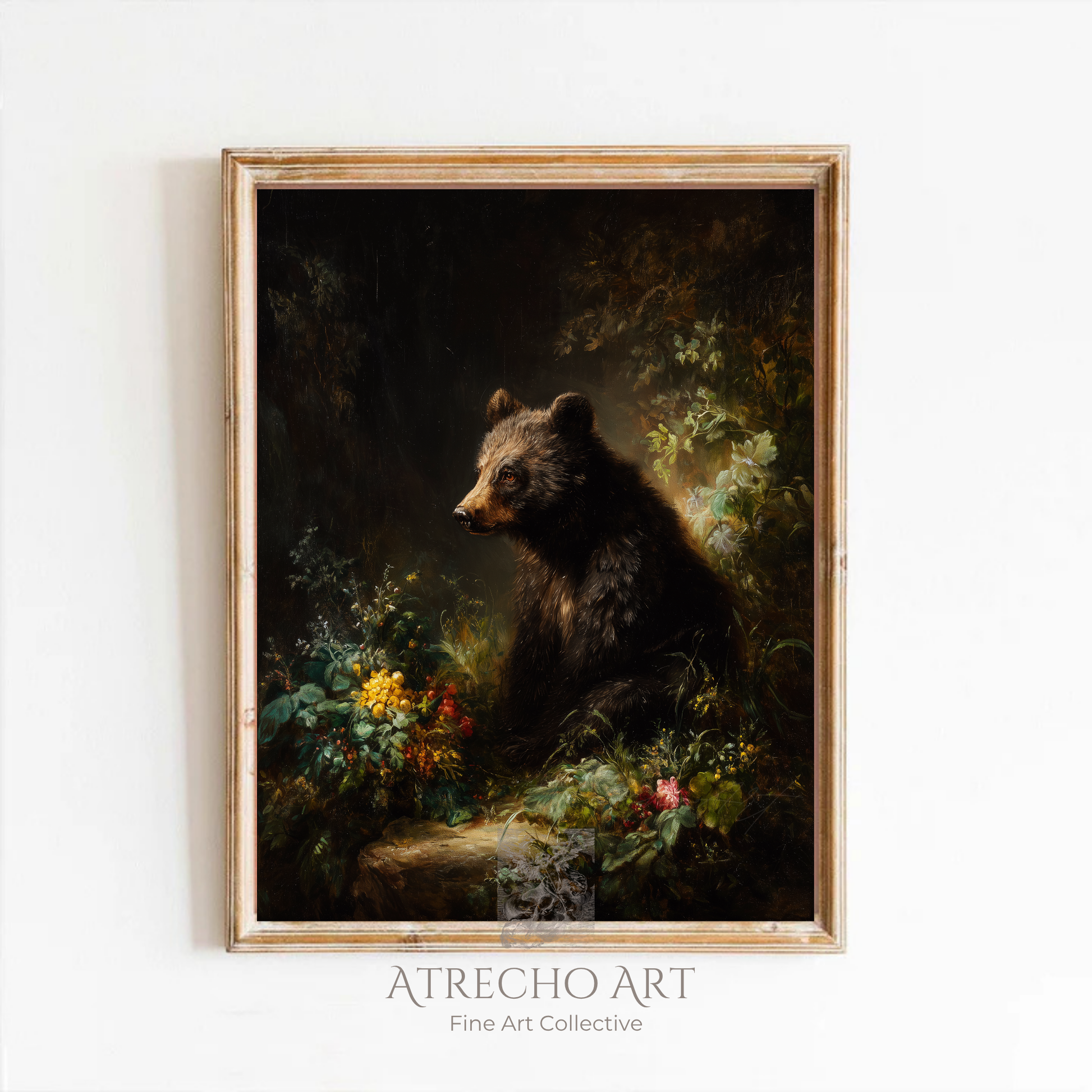 Brown bear art print in a wood frame on a neutral wall, Old Master woodland scene with jeweled flowers, by Atrecho Art