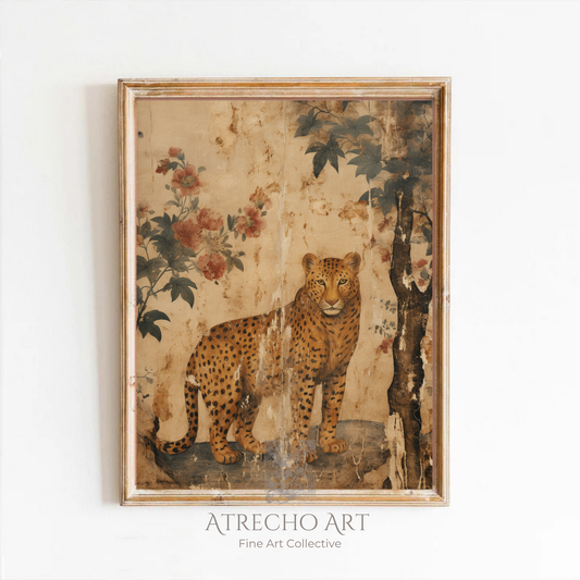 Vintage leopard print featuring detailed academic-style illustration of spotted leopard on aged paper background perfect for cottage core and natural history decor
