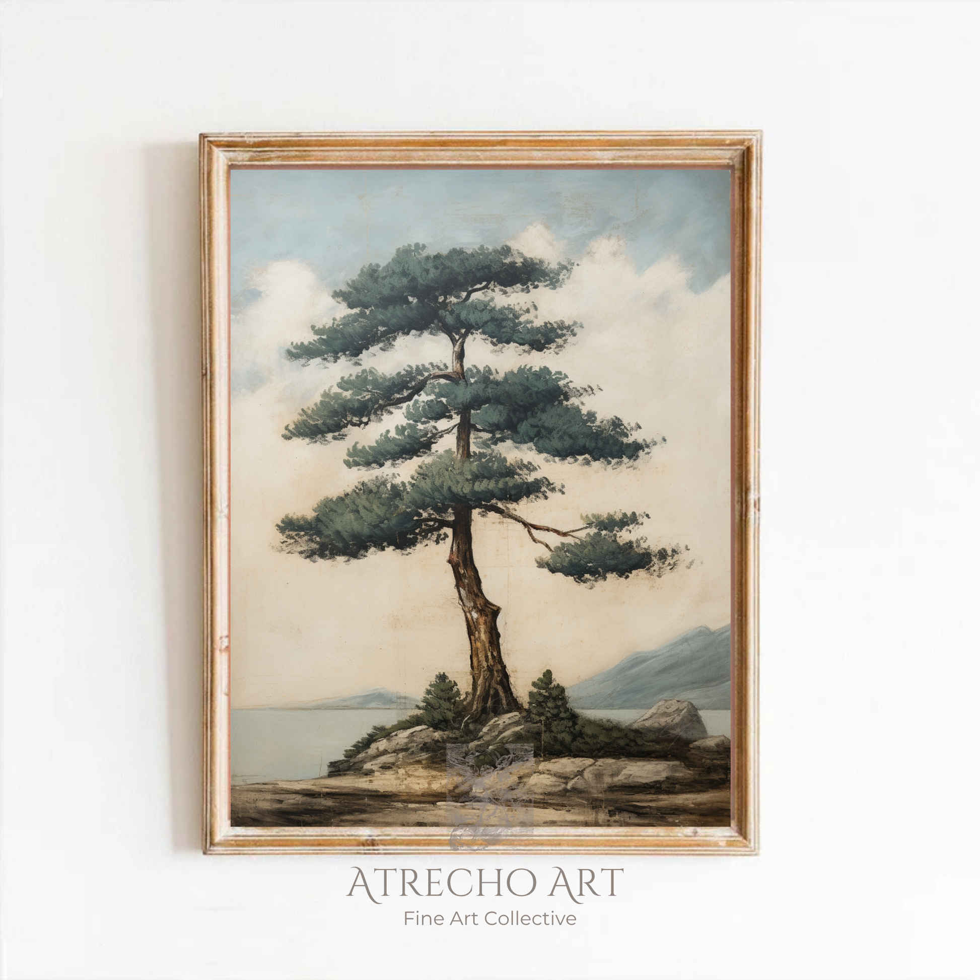 Coastal pine tree art print in a wood frame on a neutral wall, styled vintage landscape decor, by Atrecho Art