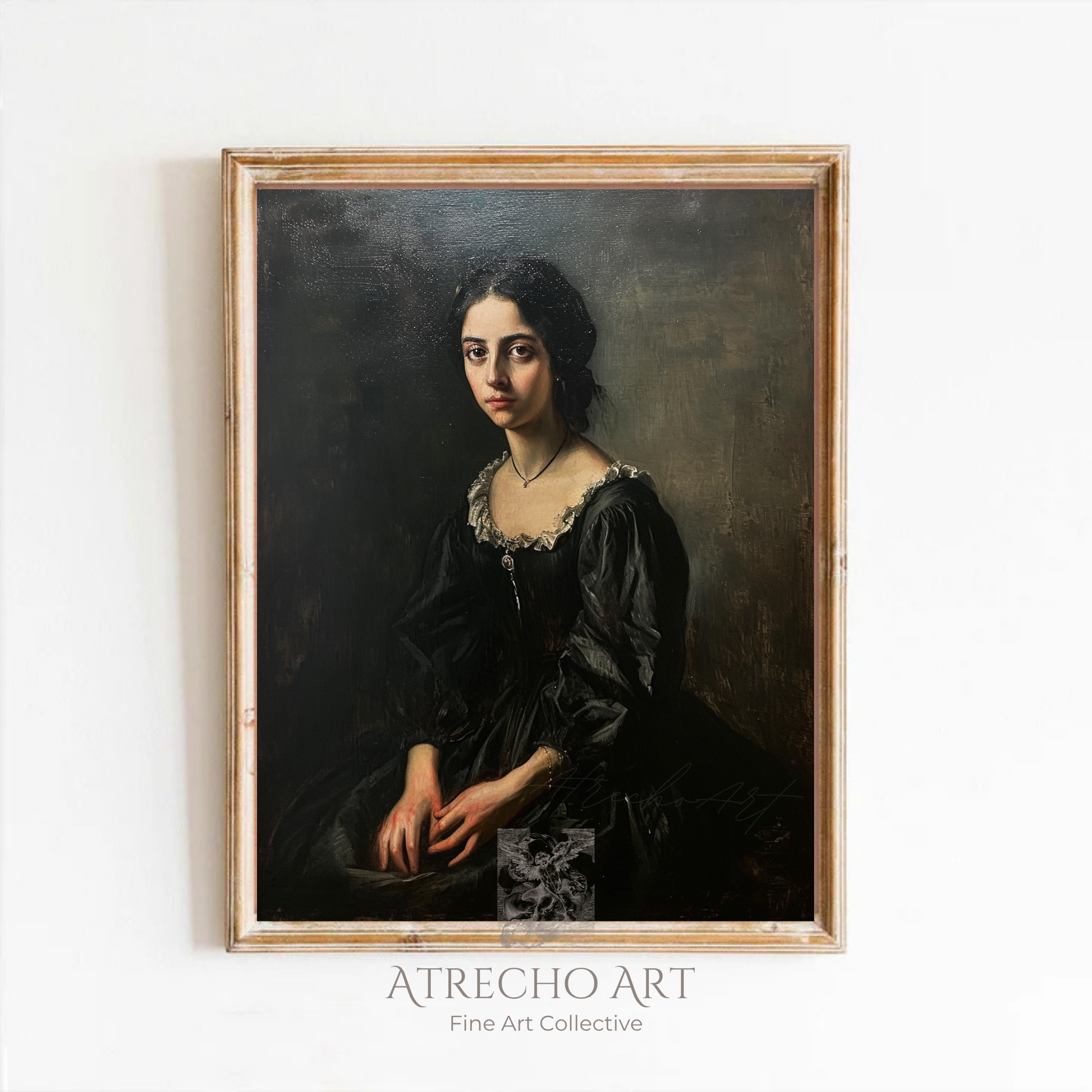 Elena witchcore portrait print featuring a Victorian woman in black dress with contemplative gaze against dark moody background classical European painting style