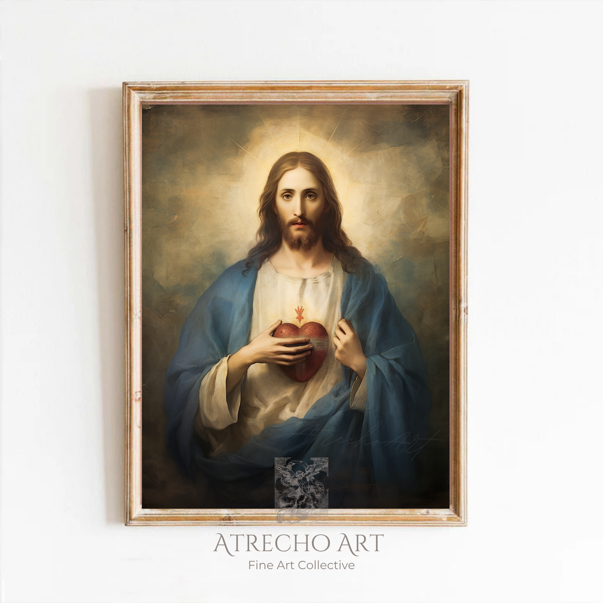 Sacred Heart of Jesus print showing Christ in blue robes with glowing sacred heart, golden halo and divine light for Catholic religious wall art
