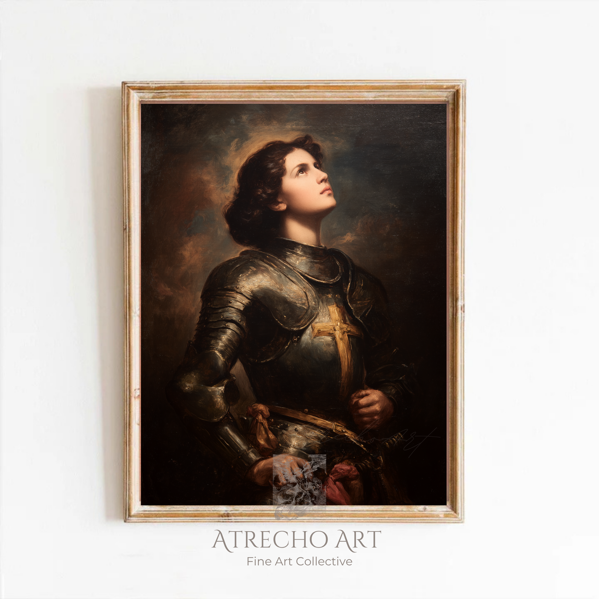 (01 cover) Joan of Arc art print in an ornate gold frame on a warm plaster wall, in Spanish Baroque style by Atrecho Art