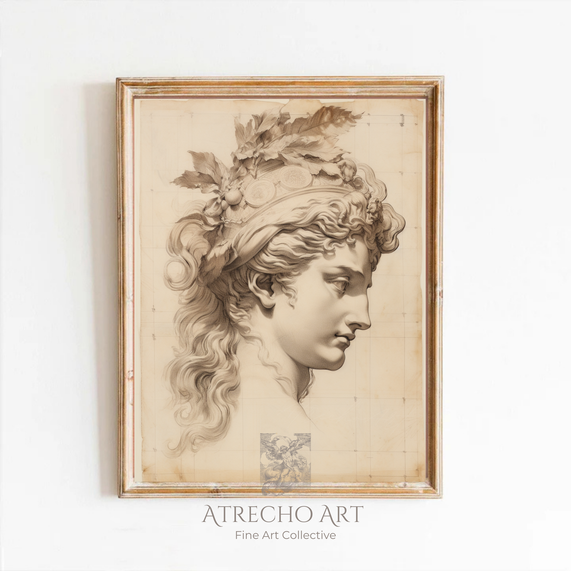 Persephone art print in warm sepia, classical goddess profile sketch with oak-leaf crown on antique parchment PE55