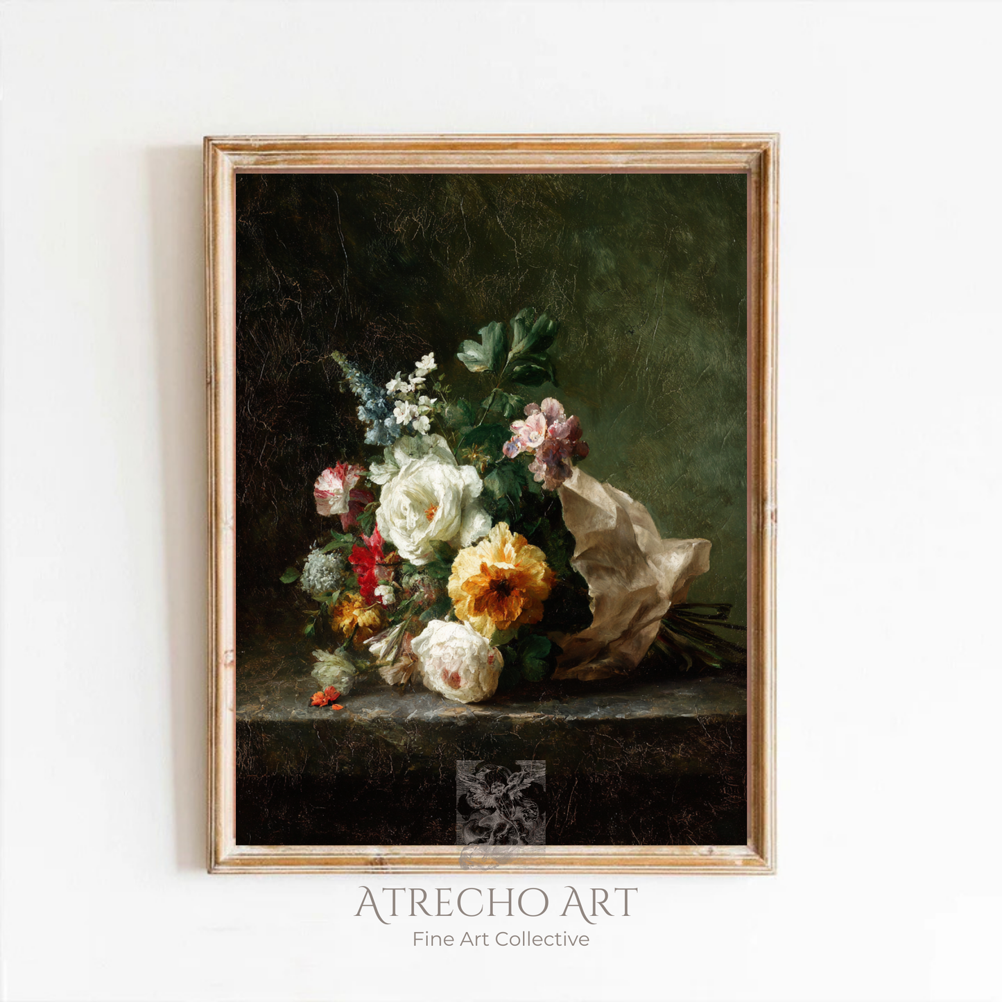 Vintage floral art print featuring dark romantic roses and white flowers against moody background, perfect for European style home decor