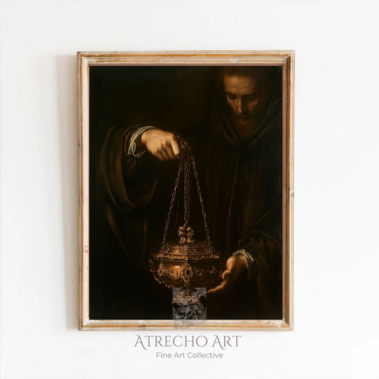 Baroque thurible art print — Spanish Golden Age monk in dark robes holding gilded incense burner by chains, chiaroscuro style, archival matte print by Atrecho Art
