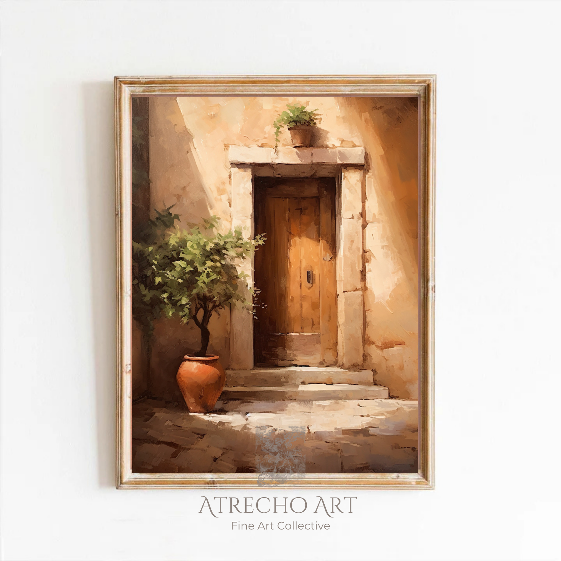 Mediterranean villa door with terracotta planters and weathered stone. Spanish courtyard architecture art print on museum-grade paper.