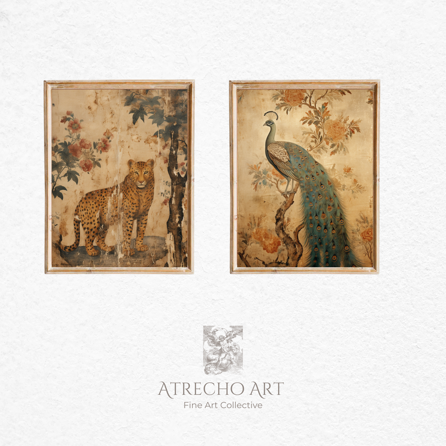 Vintage leopard wall art print with botanical floral elements in warm sepia tones, perfect for cottagecore and dark academia decor