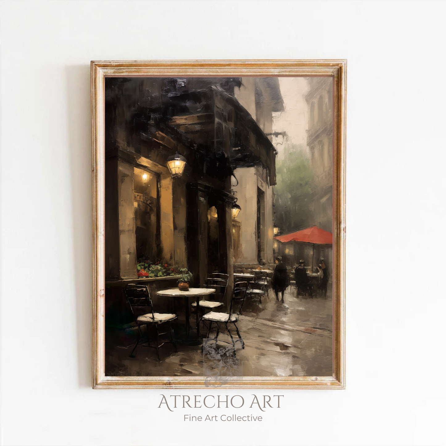 European cafe wall art featuring atmospheric street scene with outdoor dining, vintage lanterns, and cozy bistro ambiance perfect for coffee shop decor