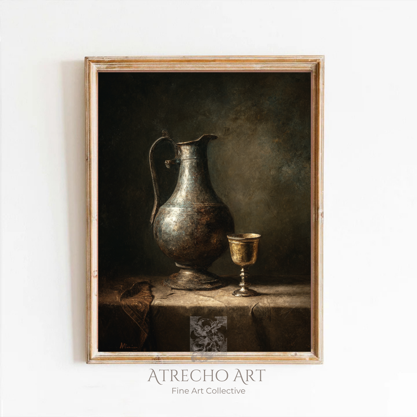 Wine pitcher still life print in a wood frame on a neutral wall, pewter ewer beside a gilded goblet, by Atrecho Art