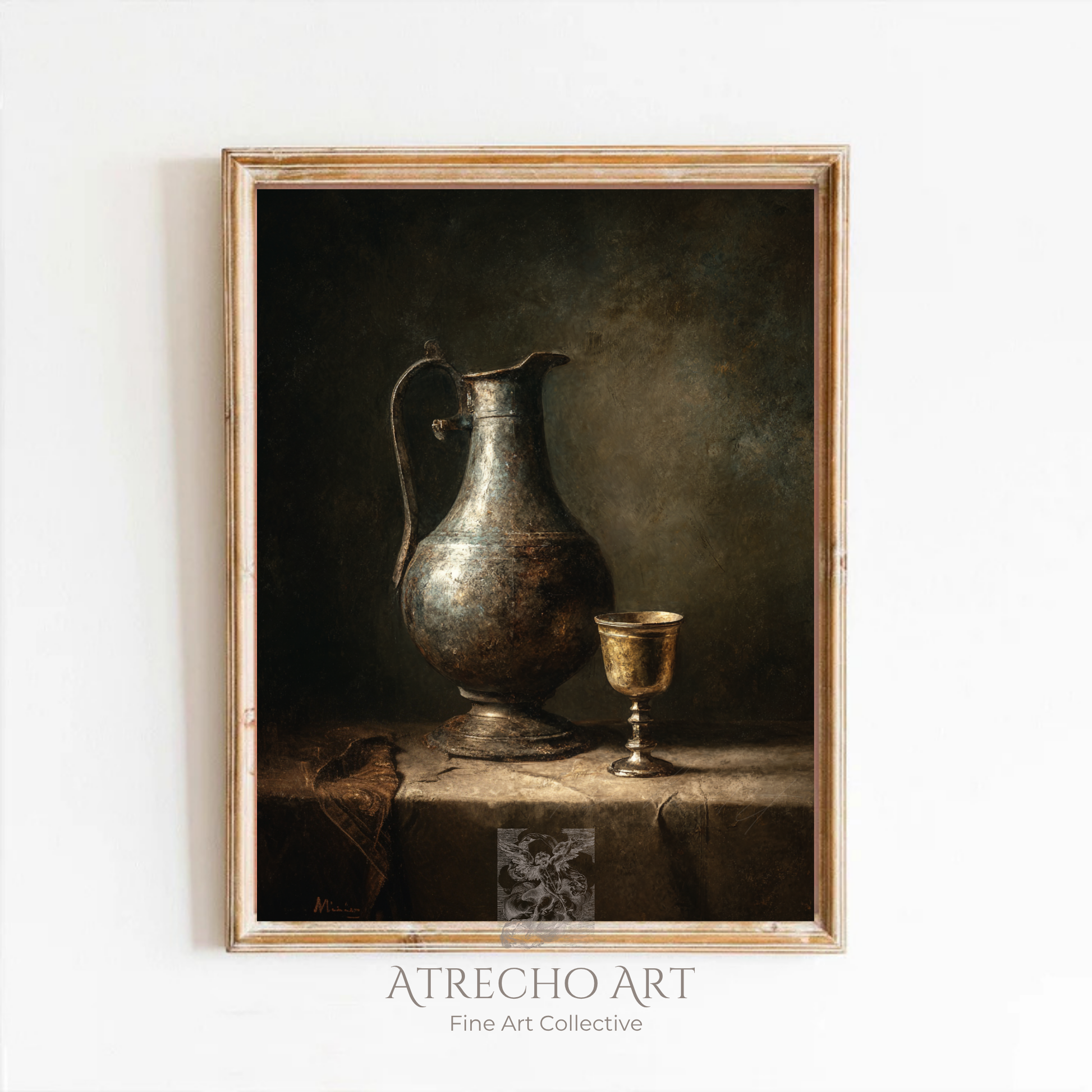 Wine pitcher still life print in a wood frame on a neutral wall, pewter ewer beside a gilded goblet, by Atrecho Art