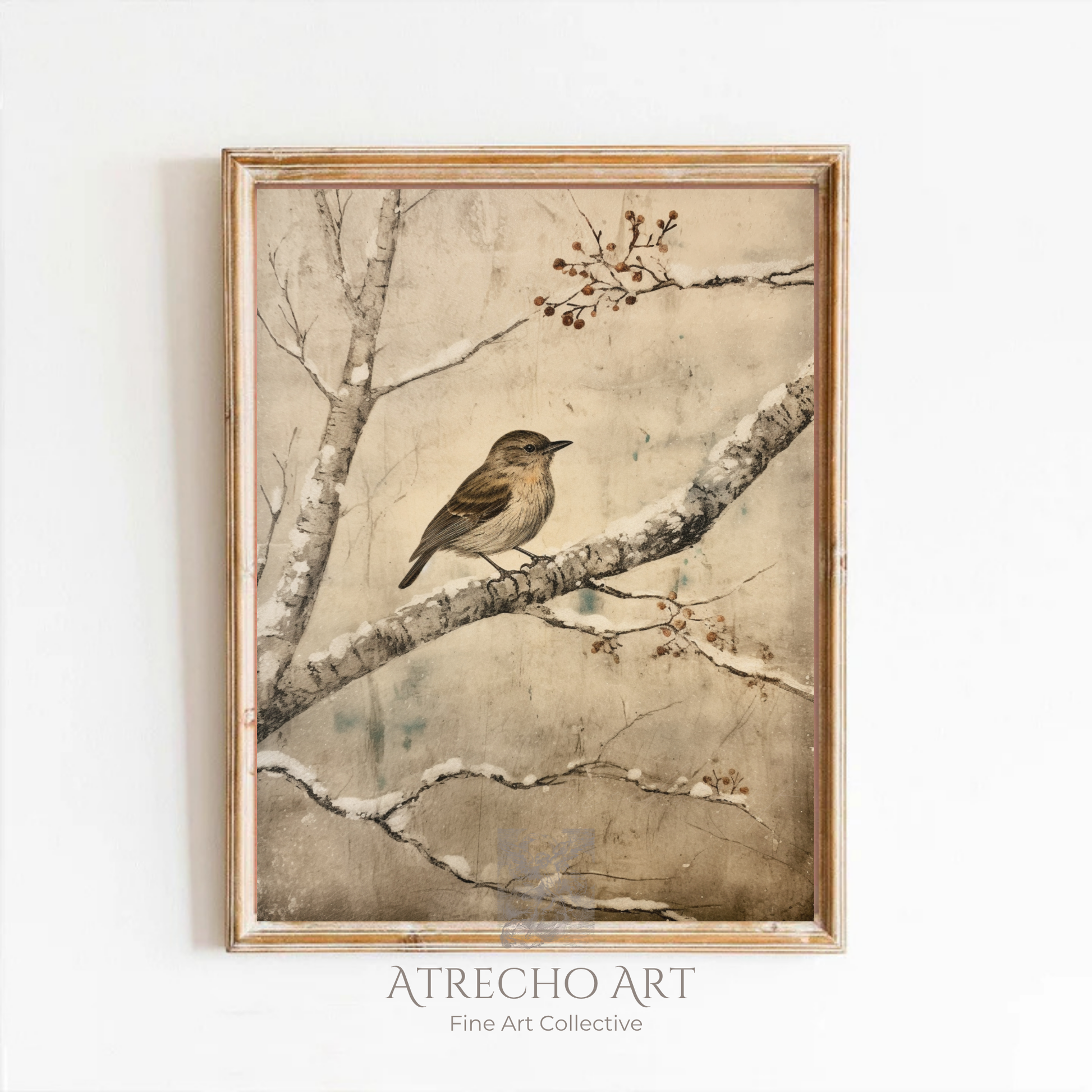 Winter songbird art print in a wood frame on a neutral wall, Japanese kacho-ga style, by Atrecho Art