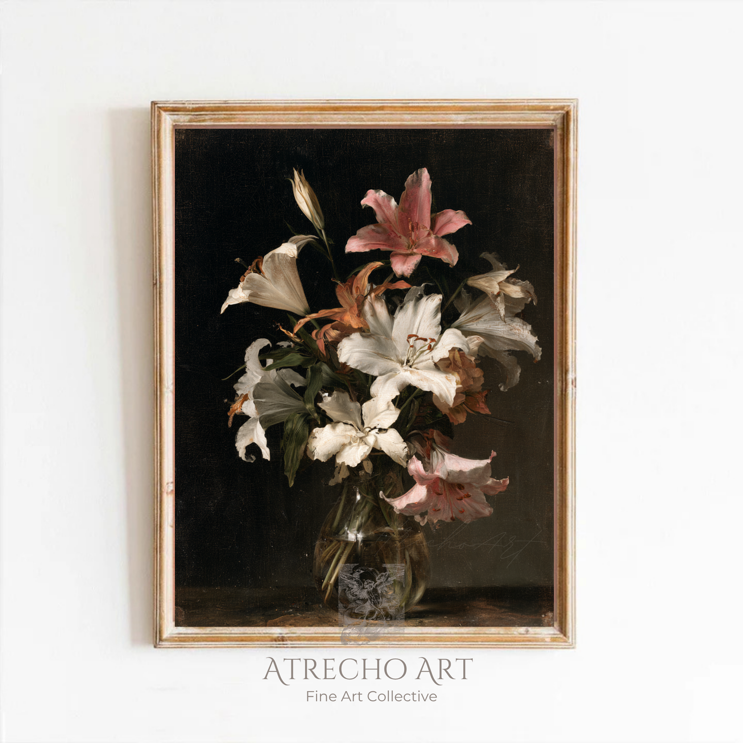 White lilies still life in a wood frame on a neutral wall — moody Old Master floral bouquet by Atrecho Art