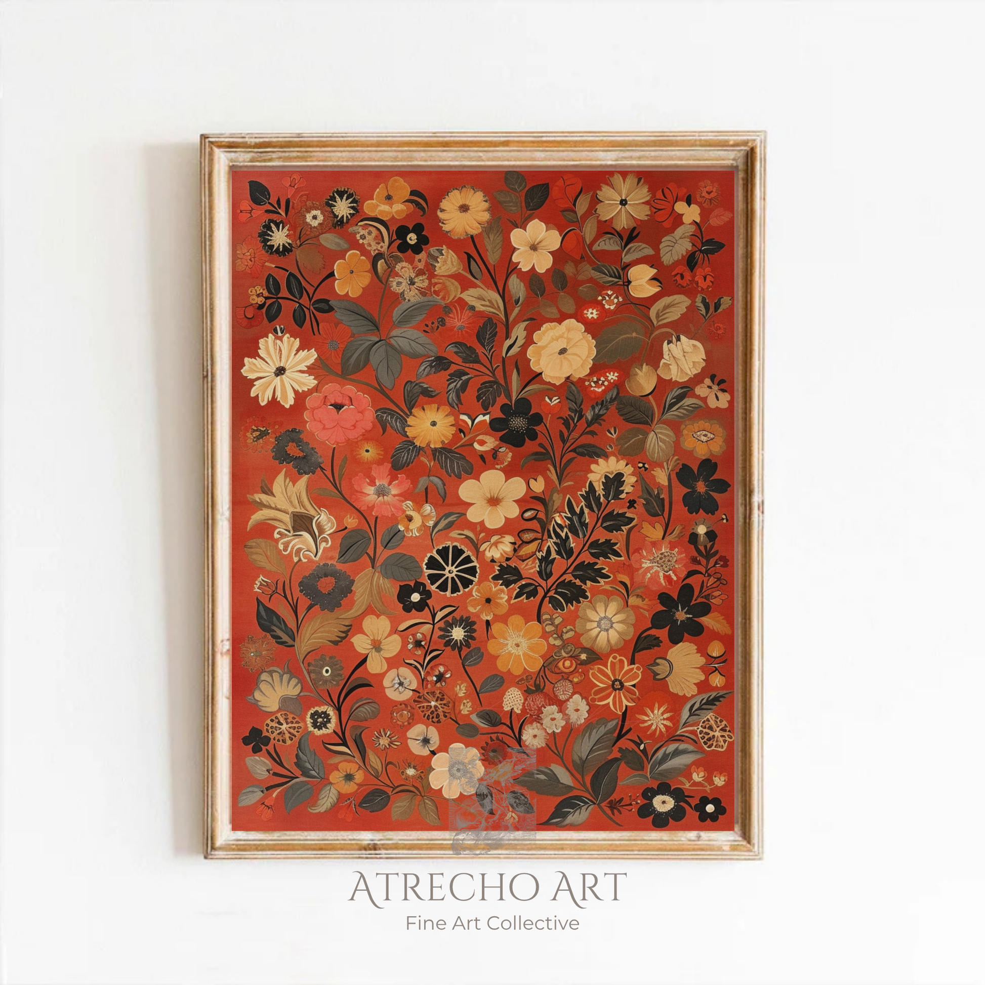 Autumn floral textile art print in a wood frame on a neutral wall, folk embroidery blooms on brick-red, by Atrecho Art