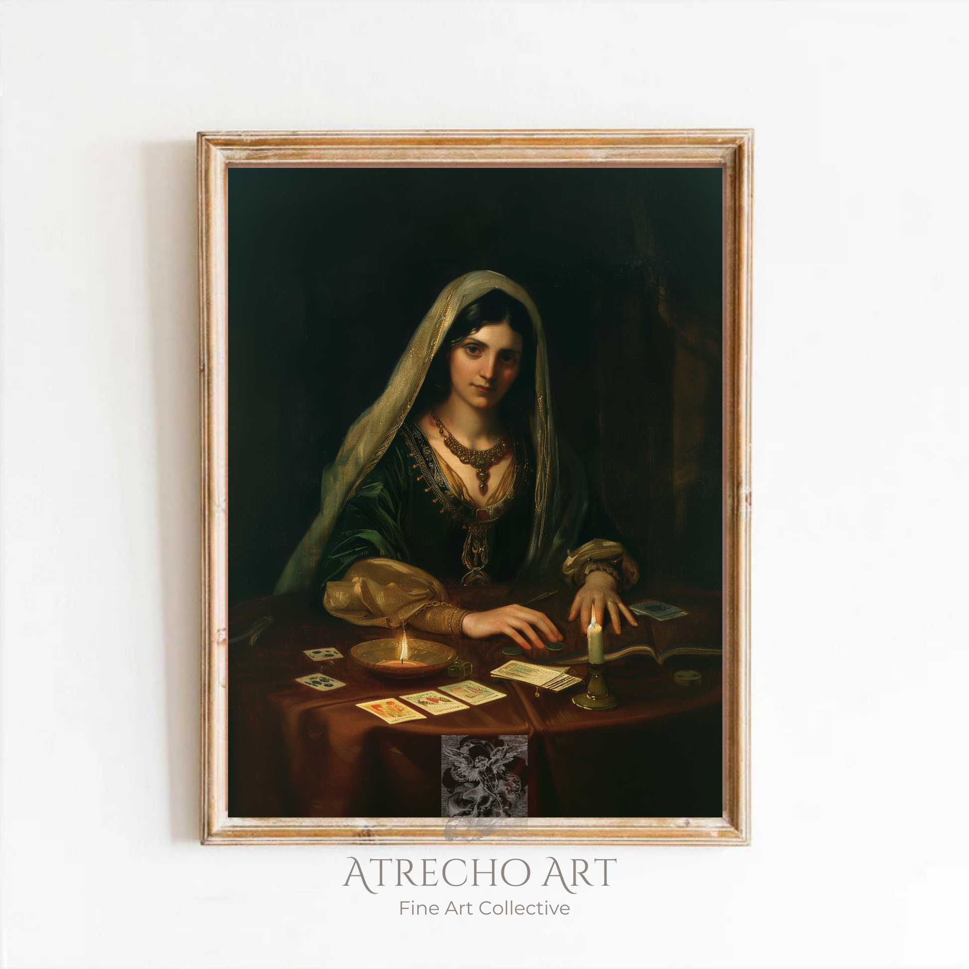 Fortune teller portrait artwork in candlelit baroque style, mystical dark cottagecore wall art for bohemian home decor