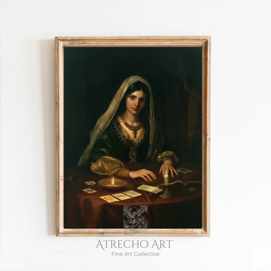 Fortune teller portrait artwork in candlelit baroque style, mystical dark cottagecore wall art for bohemian home decor