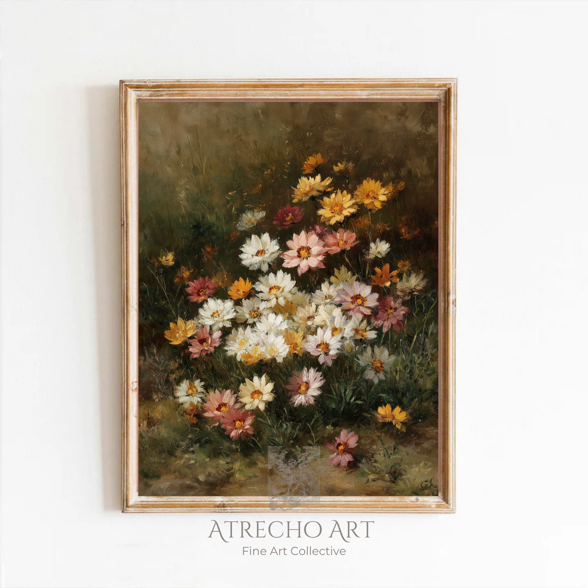 Spring Gazania art print in weathered gold frame — wild meadow florals on a moody sage wall, Atrecho Art botanical decor