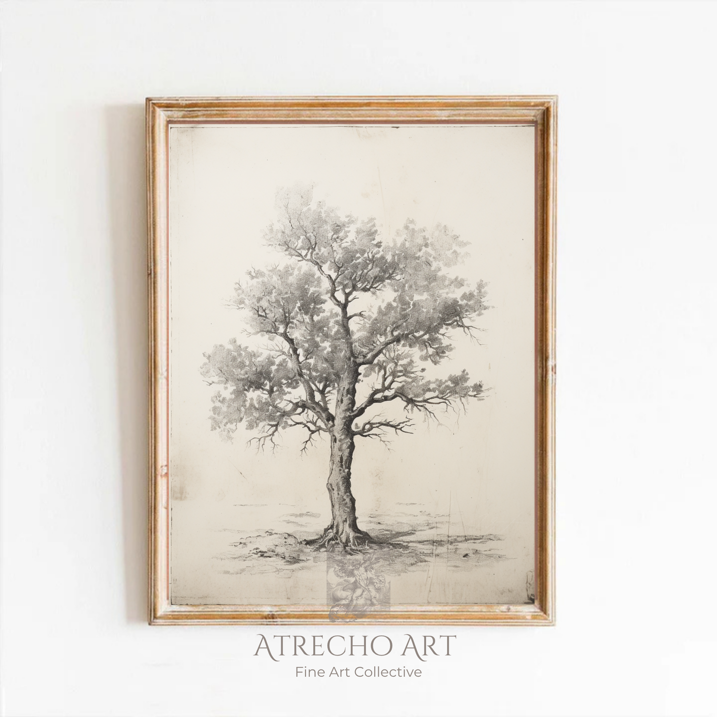 Sweet chestnut tree art print in a wood frame on a neutral wall, vintage botanical specimen study by Atrecho Art