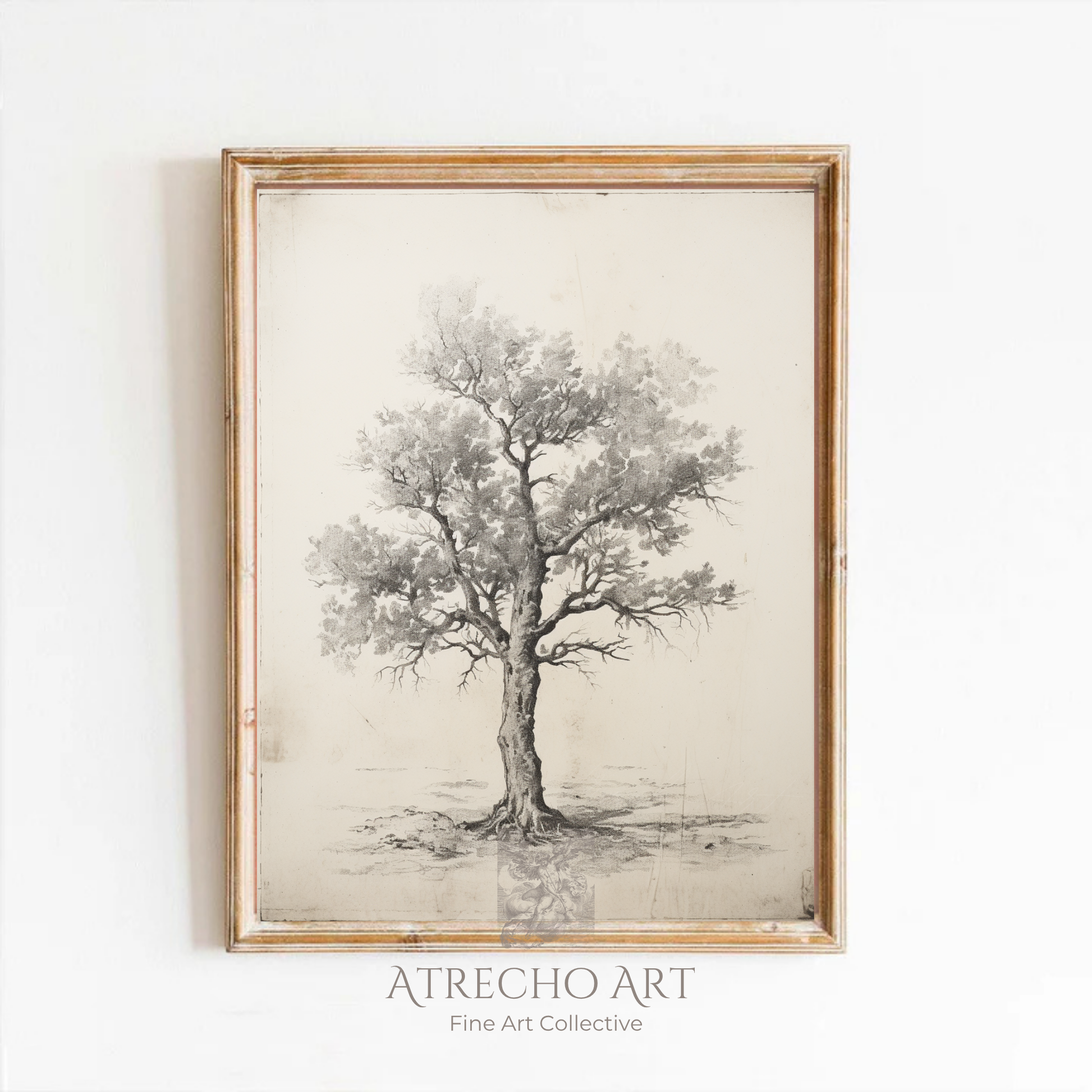 Sweet chestnut tree art print in a wood frame on a neutral wall, vintage botanical specimen study by Atrecho Art