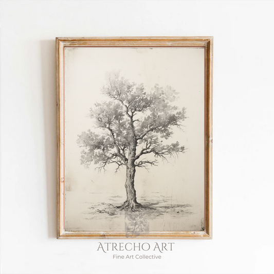 Sweet chestnut tree art print in a wood frame on a neutral wall, vintage botanical specimen study by Atrecho Art