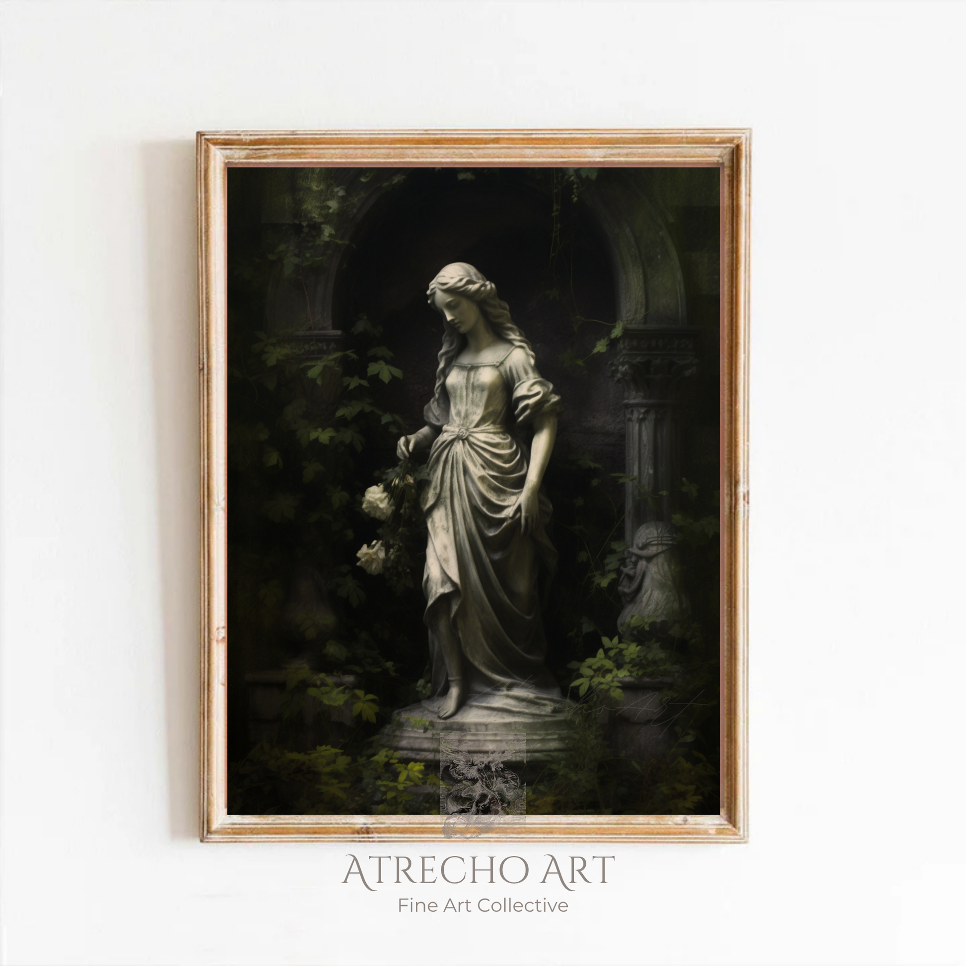 Garden statue art print of a marble maiden in a wood frame, styled on a neutral wall, by Atrecho Art