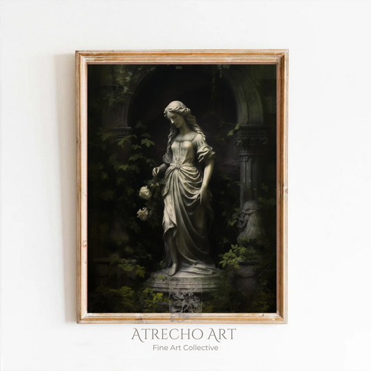 Garden statue art print of a marble maiden in a wood frame, styled on a neutral wall, by Atrecho Art