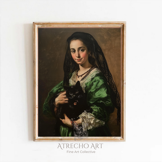 Vintage cat portrait of woman in emerald green dress holding black cat wearing black lace veil classical European portraiture art print