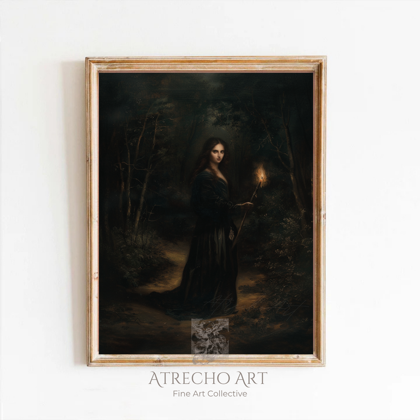 Forest witch art print in a wood frame on a neutral, moonlit enchantress in a dark wood by Atrecho Art