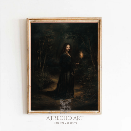 Forest witch art print in a wood frame on a neutral, moonlit enchantress in a dark wood by Atrecho Art