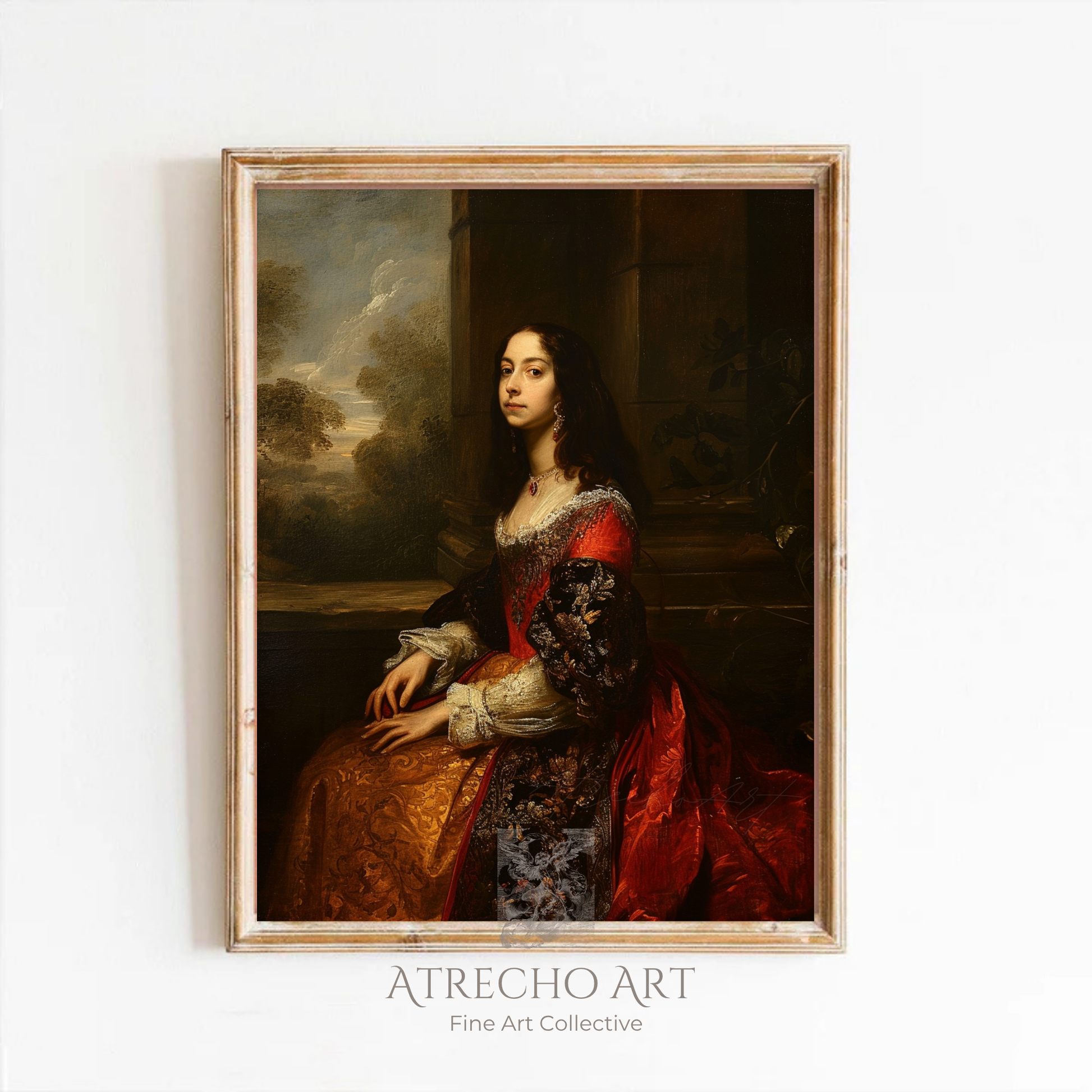 Juana portrait in aged gold frame on charcoal wall — Spanish Baroque portrait print, Old Master style, moody home decor