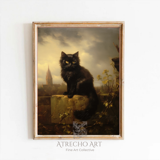 Gothic black cat art print with striking golden eyes perched on weathered stone overlooking misty European cathedral landscape in dark romantic style