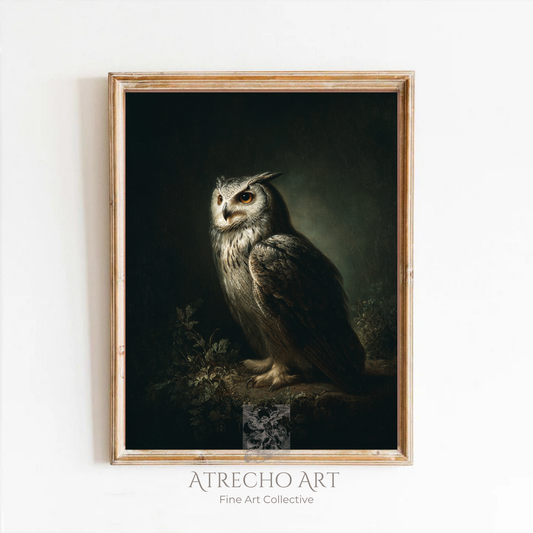 White-faced owl print with dramatic lighting against dark background in gold vintage frame, Old World Spanish naturalist style art