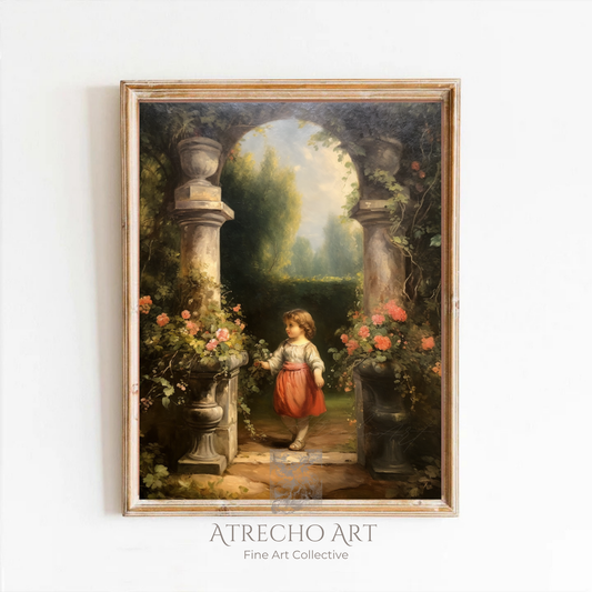 Child in a garden art print in a wood frame on a neutral wall, warm Old Master genre scene by Atrecho Art