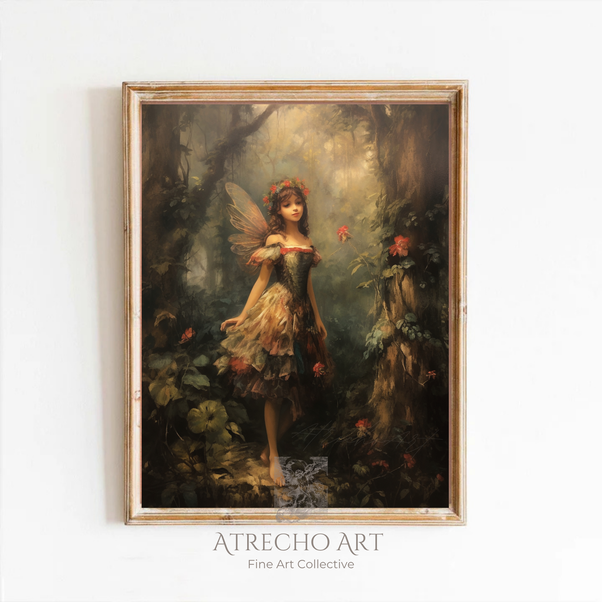 Forest fairy art print in a wood frame on a neutral wall — enchanted woodland fantasy in autumn tones, by Atrecho Art