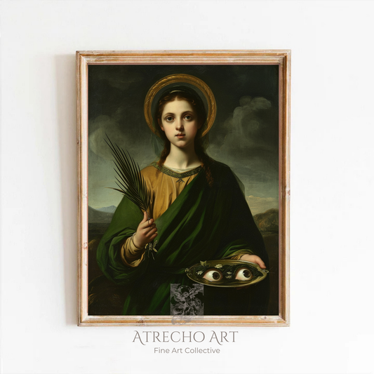 Saint Lucia art print in aged wood frame on white wall — Spanish Baroque patron saint holding palm frond and eyes, RE21 by Atrecho Art