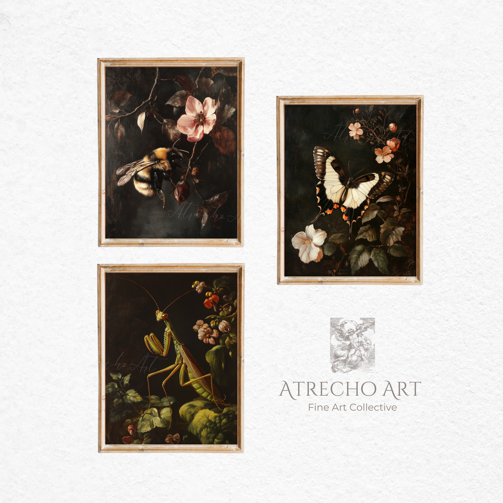 Set of three dark botanical prints featuring insects and flowers in vintage style frames, including butterfly, bee, and praying mantis artwork