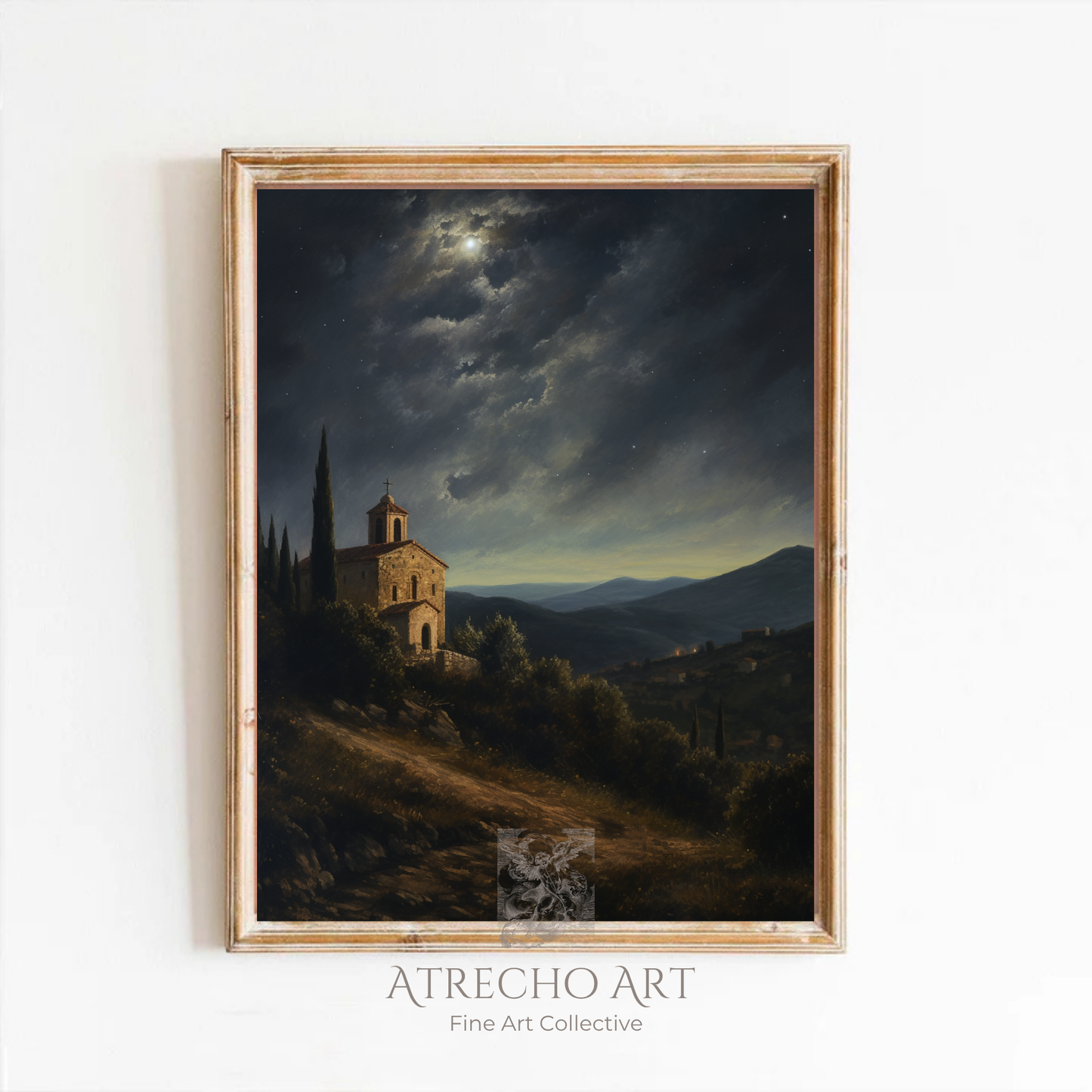 Framed art print of a moody European church on a hill with dark, vintage tones, styled in a cottagecore-inspired room setting